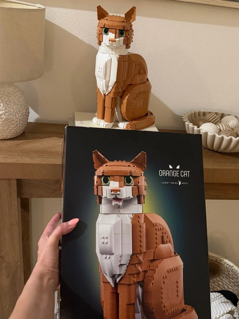 Lego Orange and White Cat Model with Green Eyes